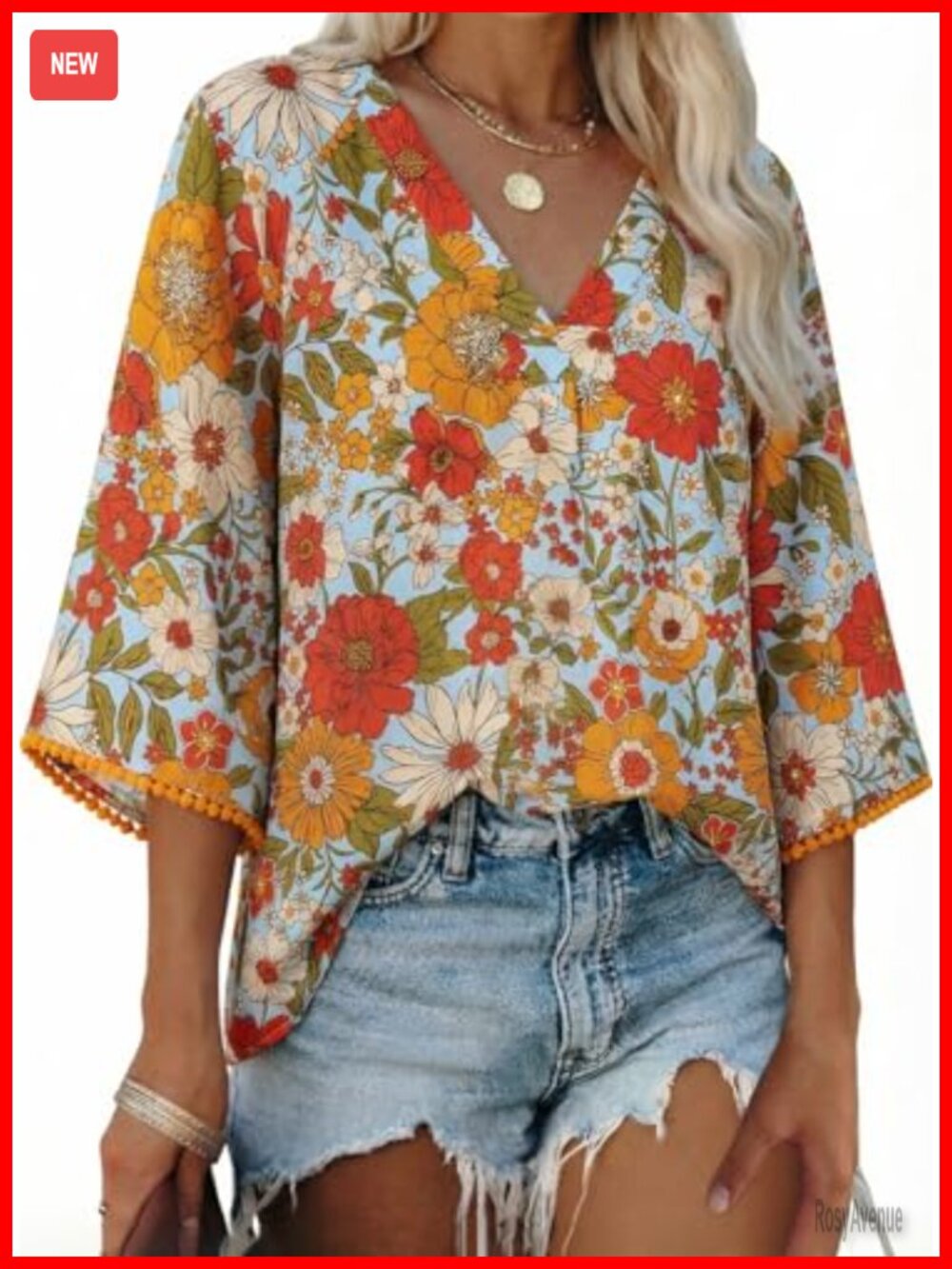 Boho Floral V Neck Blouse 3/4 Sleeve Lightweight Polyester Tunic